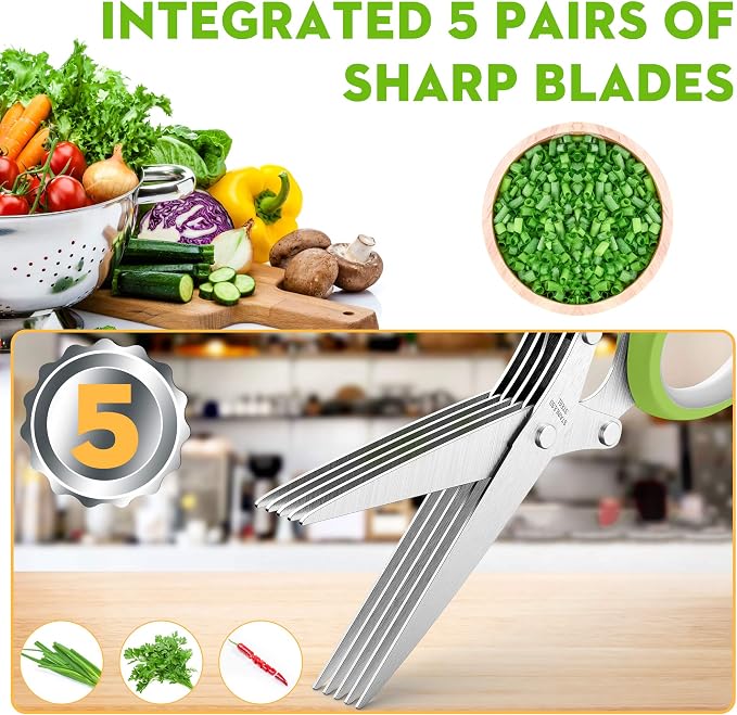 Herb Scissors with 5 Blades and Cover, Kitchen Herb Cutter with Cleaning Comb - Image 2