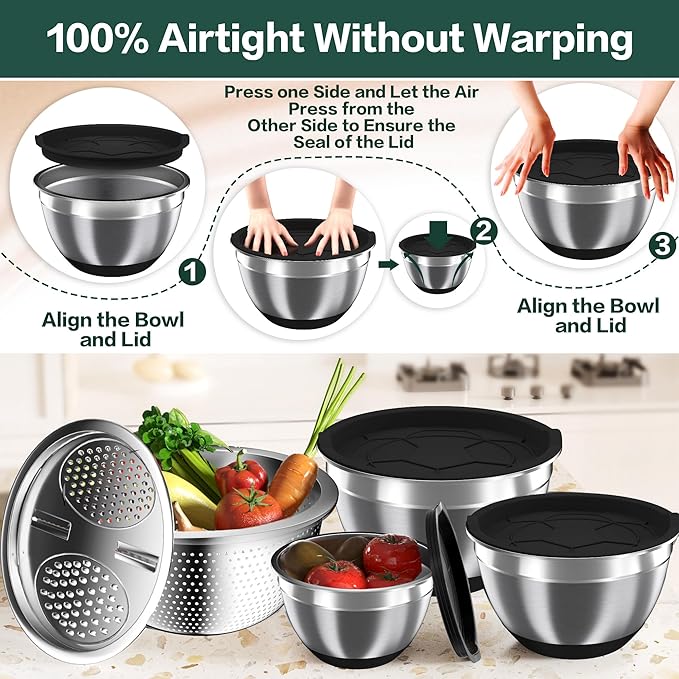 Nicdiet Mixing Bowls with Airtight Lids, Stainless Steel Mixing Bowl Set with 3 - Image 2