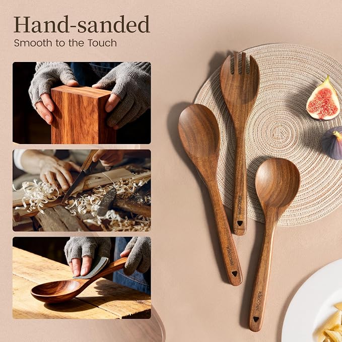 Kikcoin 7 PCS Durable Natural Teak Wooden Cooking Utensils Set, Non Toxic - Image 7