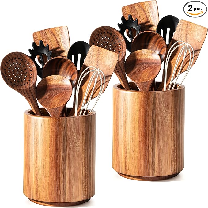 Criusia Utensil Holder 2 Pack, 360° Rotating Acacia Wood Cooking Utensil Crocks by Criusia