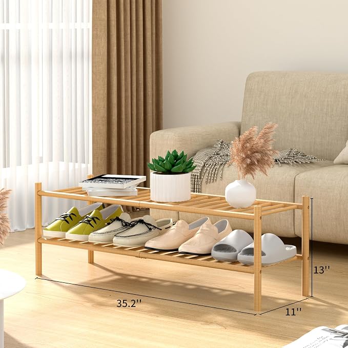 ROMGUAR CRAFT 2-Tier Bamboo Long Shoe Rack, Free Standing Wood Shoe Shelf - Image 3
