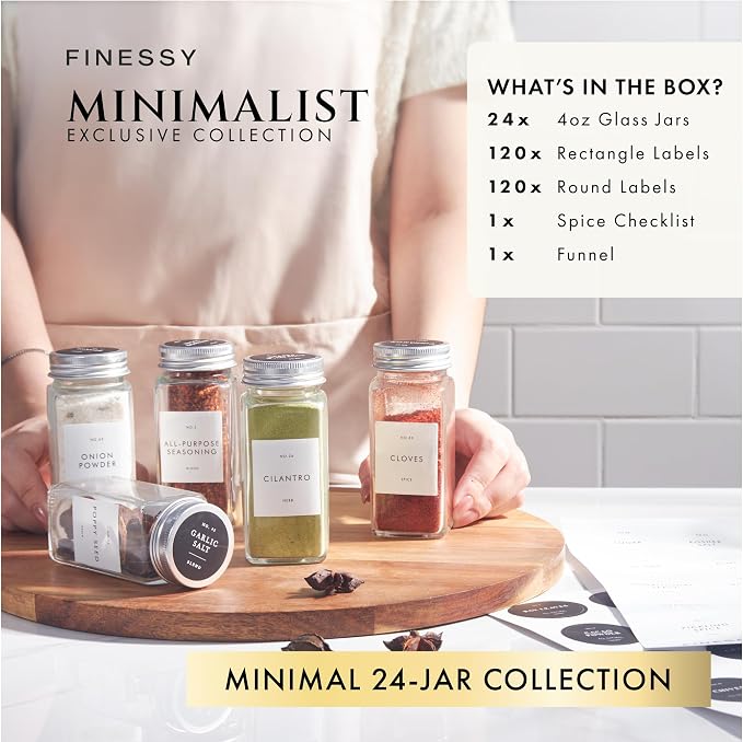 Glass Spice Jars with Labels with Metal Lids and Shakers Minimalist 24 Pack Set - Image 3