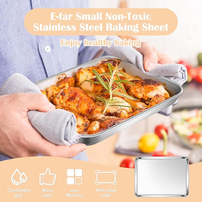 E-far 3 Pack Toaster Oven Trays, 9.4”x7.3” Stainless Steel Small Baking Cookie - Image 6
