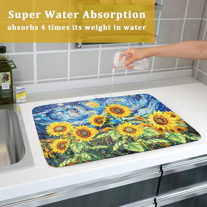 Sunflower Dish Drying Mat for Kitchen Counter 24x18 Inch Starry Night Drying Mat - Image 7