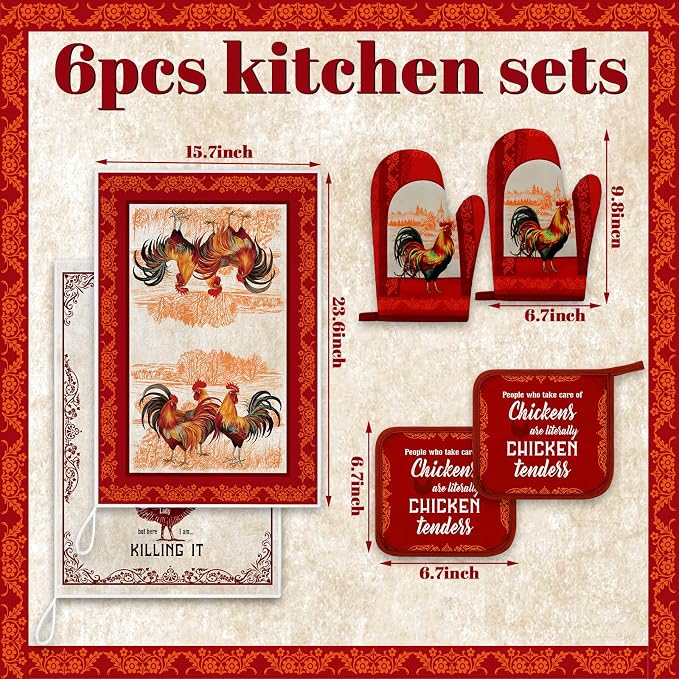 Leinuosen 6 Christmas Red Rooster Farmhouse Kitchen Decor Dish Towels Oven - Image 3