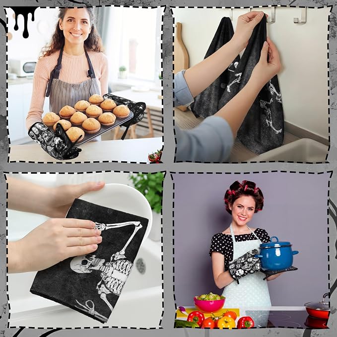 Leinuosen 6 Pcs Skull Kitchen Decor Set, Skull Kitchen Towels Gothic Oven Mitts - Image 4