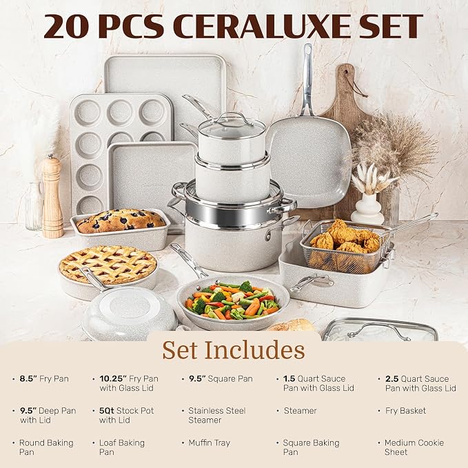 Granitestone Ceraluxe 20 Pc Ceramic Cookware Set Nonstick, Complete Pots and - Image 2