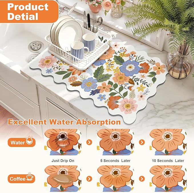 LOKHOM Scalloped Floral Dish Drying Mat, Cuttable Hide Stain Non-slip Drying Mat - Image 3