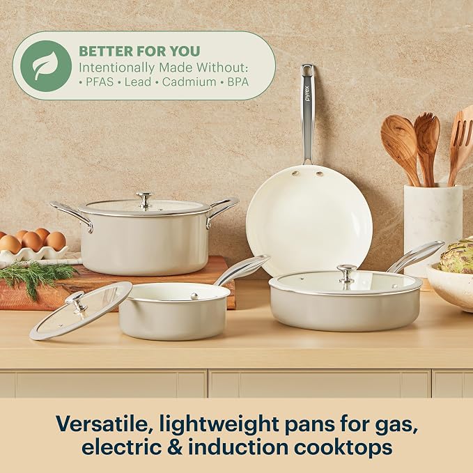 Pyrex 7-Piece Ceramic Cookware Set, Pots and Pans - Image 2