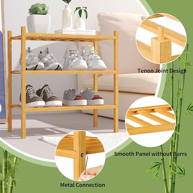 ROMGUAR CRAFT 3-Tier Bamboo Small Shoe Rack, Free Standing Wood Shoe Shelf - Image 5