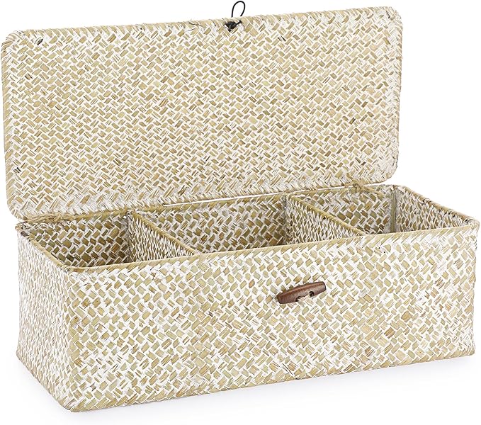Hipiwe Seagrass Storage Basket Bin 3 Sections Hand-Woven Wicker Baskets by Hipiwe