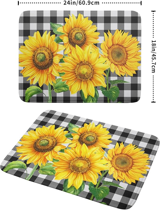 Sunflower Dish Drying Mat for Kitchen Counter Black White Buffalo Plaid - Image 2