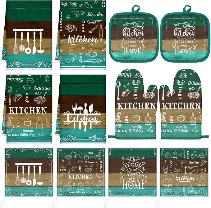 12 Pcs Farmhouse Kitchen Decor Sets 4 Teal Green Kitchen Towels 4 Teal by Bencailor