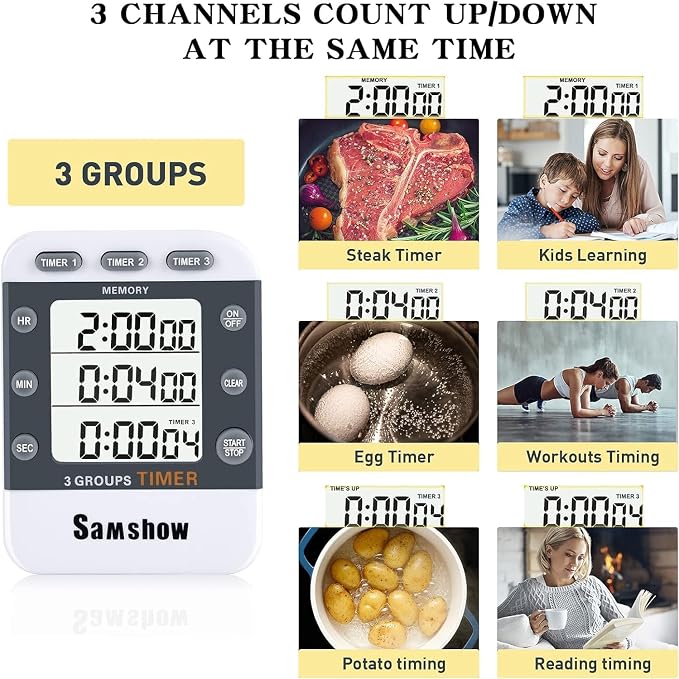 Digital Kitchen Timer Dual Timers 3 Channels Count UP/Down Cooking Timer Large - Image 2