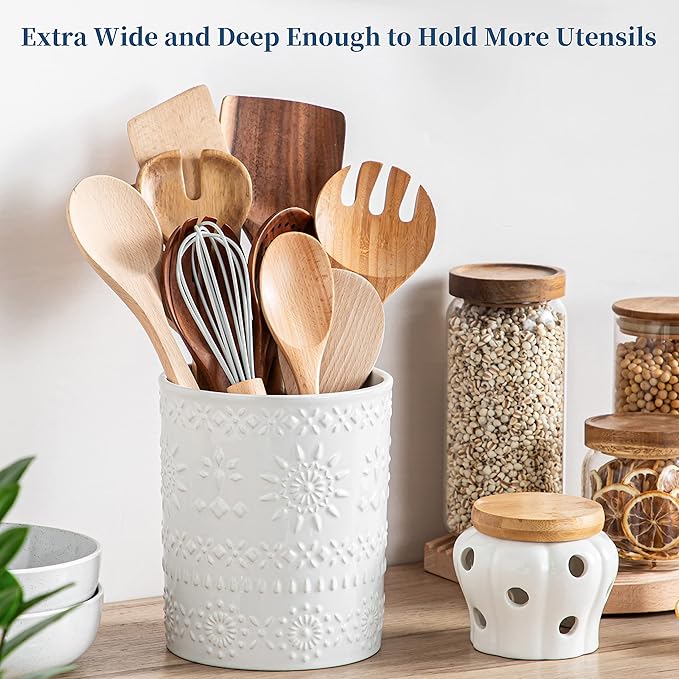 LOVECASA Extra Large Kitchen Utensil Holder, 7.2" Ceramic Farmhous Utensil - Image 3
