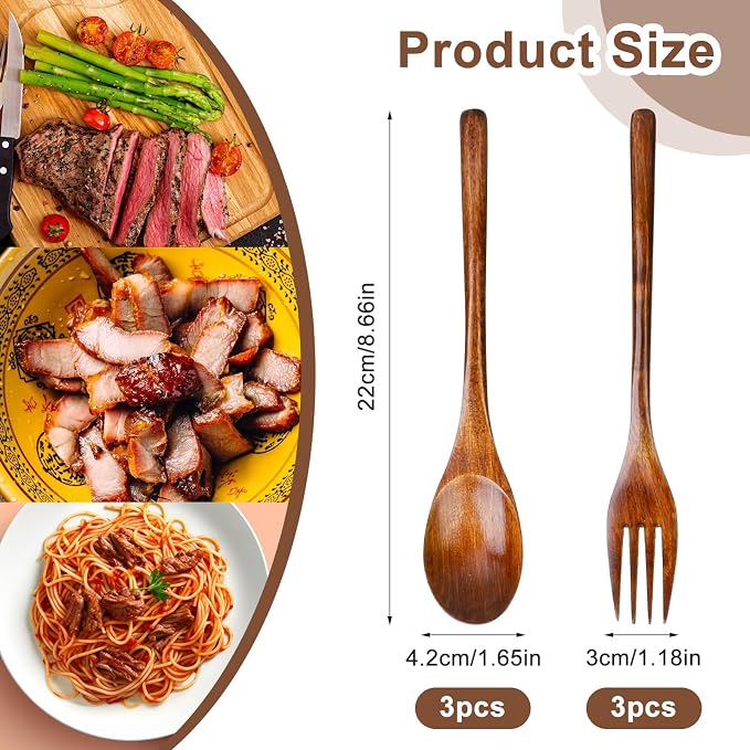 6 Pcs Wooden Forks and Spoons Reusable Wooden Spoons Forks Set Eating Utensil - Image 2