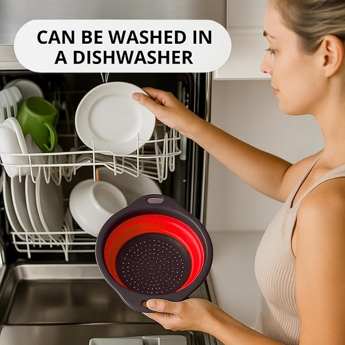 Red Round Silicone Collapsible Colander – Silicone Round Kitchen Strainers - Image 5