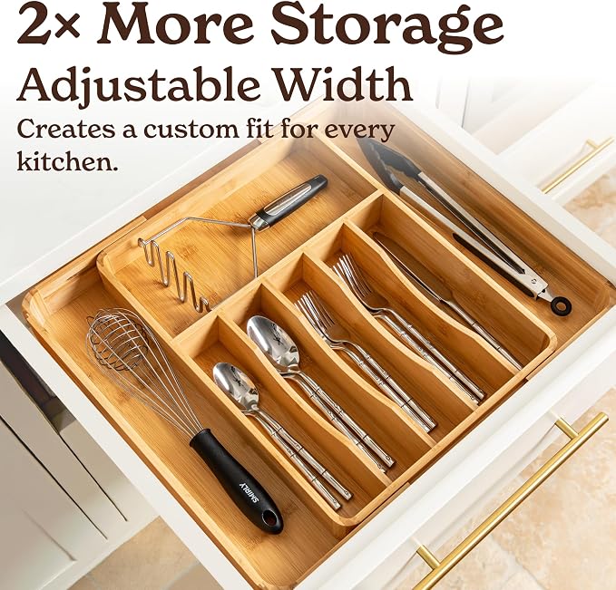 SMIRLY Silverware Drawer Organizer – Bamboo Kitchen Drawer Organizer, - Image 7