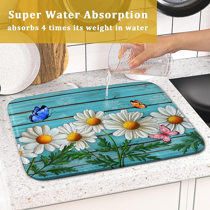 Daisy Dish Drying Mat for Kitchen Counter 16x18in Turquoise Daisy Old Wooden - Image 7