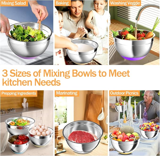 Nicdiet Mixing Bowls with Airtight Lids, Stainless Steel Mixing Bowl Set with 3 - Image 6