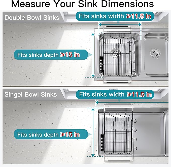 Dish Drying Rack Over the Sink In Stainless Steel Black Expandable Drainer - Image 3