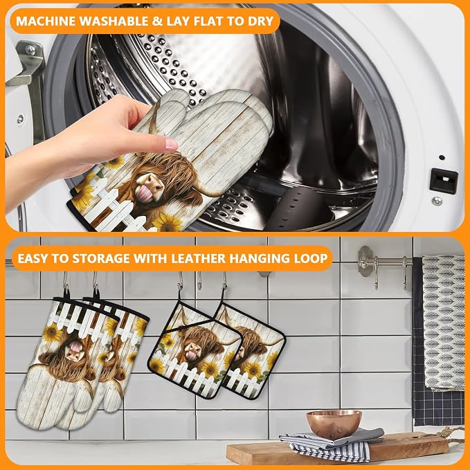 Sunflower Highland Cow Oven Mitts and Pot Holders Sets 4Pcs, Extra Long Oven - Image 5