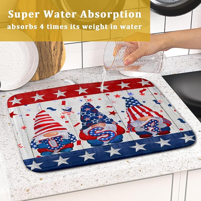 Giwawa 4th of July Gnomes Dish Drying Mat 16x18 inch Patriotic Elf Usa Stars - Image 7