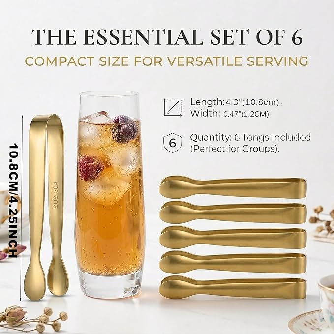 6 PCS Gold Mini Serving Tongs, 4.25 Inch 304 Stainless Steel Appetizer Tongs - Image 3
