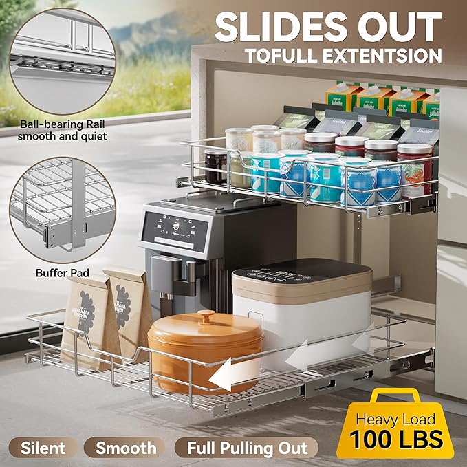 2 Tier Pull Out Cabinet Organizer 15" W X 17" D, Slide Out Drawers - Image 3