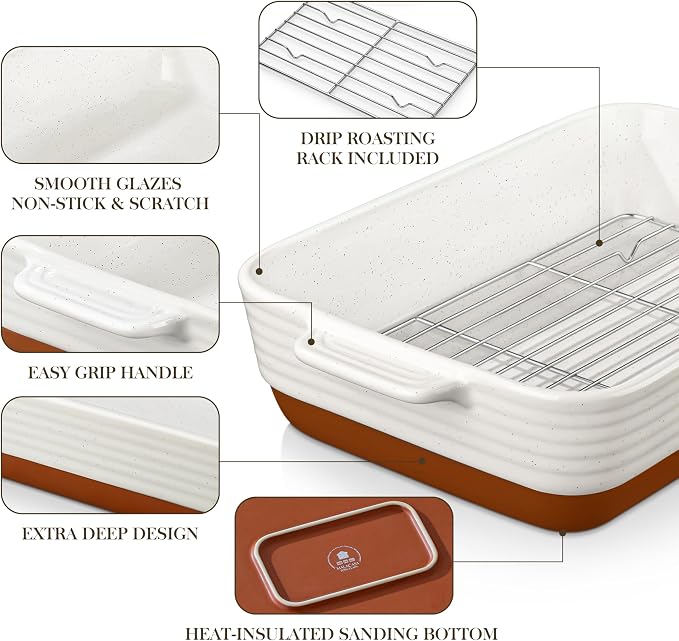 MALACASA Baking Dish with Rack, 4.8 Qt Ceramic Roasting Pan with Stainless - Image 5