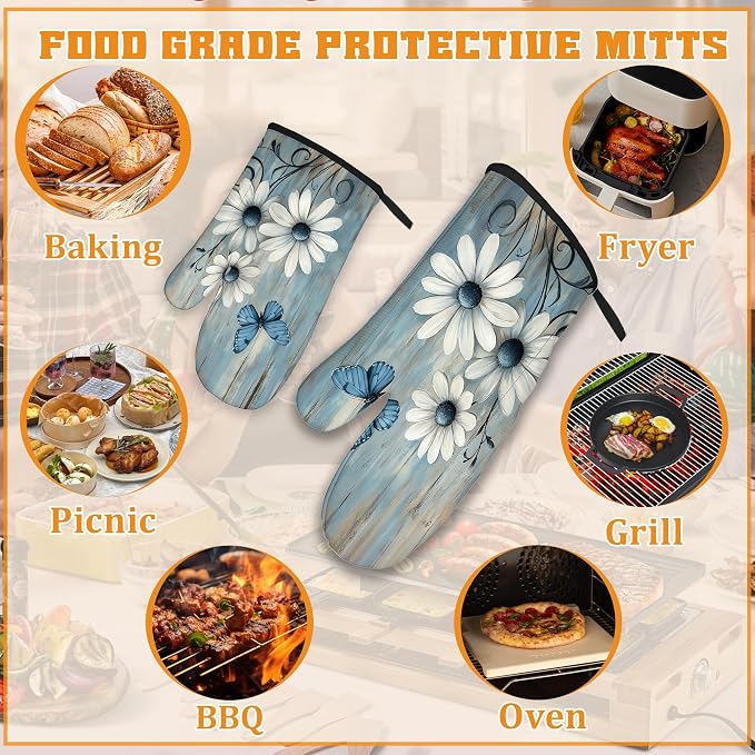 Blue Butterfly Oven Mitts and Pot Holders, Vintage Daisy Wooden Heat Resistant - Image 5