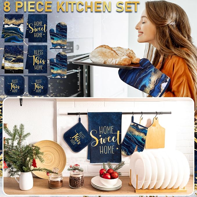 Leinuosen 8 Pcs Blue Marble Kitchen Decor Dish Towels and Oven Mitts Sets Pot - Image 2