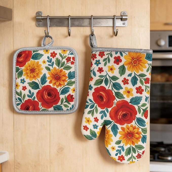 Floral Oven Mitts and Pot Holders Sets 2 Pcs, Canvas Heat Resistant Kitchen - Image 9