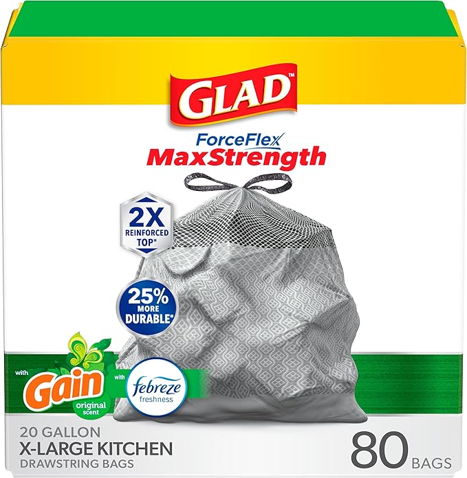 Glad ForceFlex MaxStrength Drawstring XL Kitchen Trash Bags, 20 Gal, 80 Ct by GladTrashFoodStorage