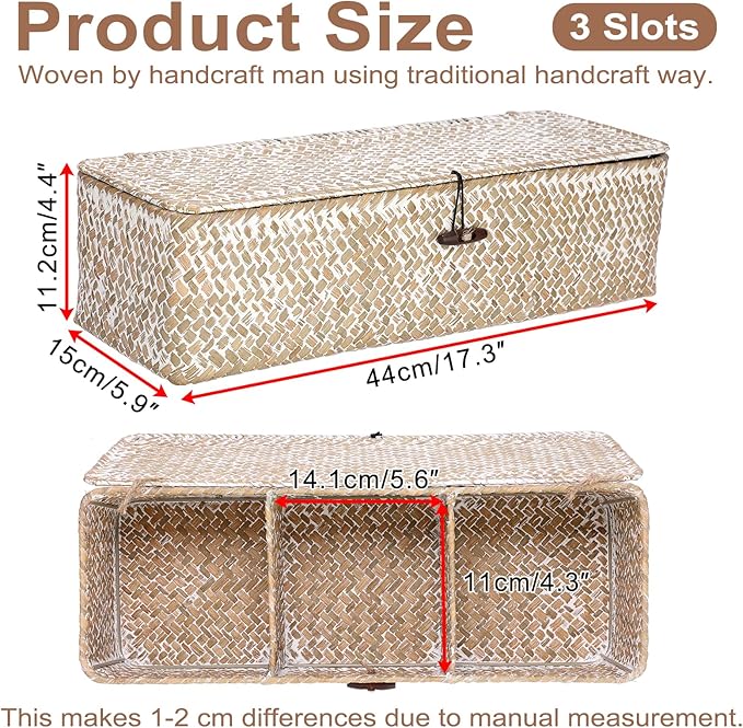 Hipiwe Storage Basket with Lid 3 Sections Handwoven Seagrass Basket Rectangular - Image 3