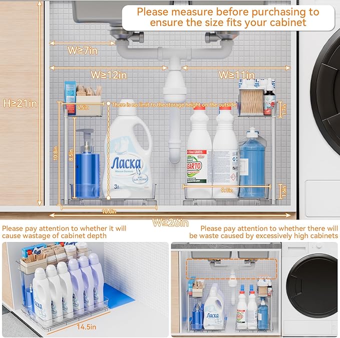 Yieach 2 Pack 14.5″ Deep Pull Out Under Sink Organizer, 10.8″ High 2 Tier Slide - Image 4