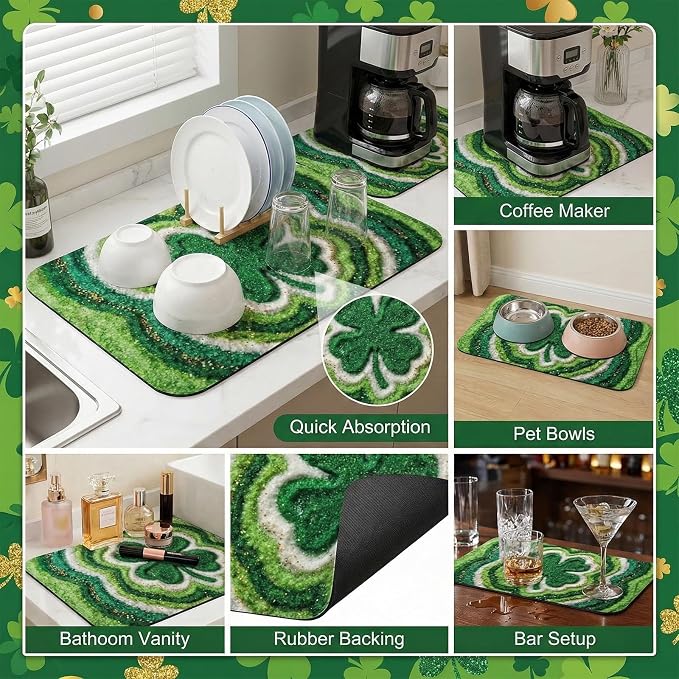 St Patrick’s Day Dish Drying Mat: 12’’x20’’ Green Shamrock Absorbent Counter - Image 4