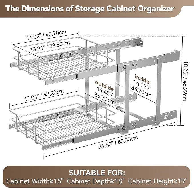 2 Tier Pull Out Cabinet Organizer 15" W X 17" D, Slide Out Drawers - Image 2