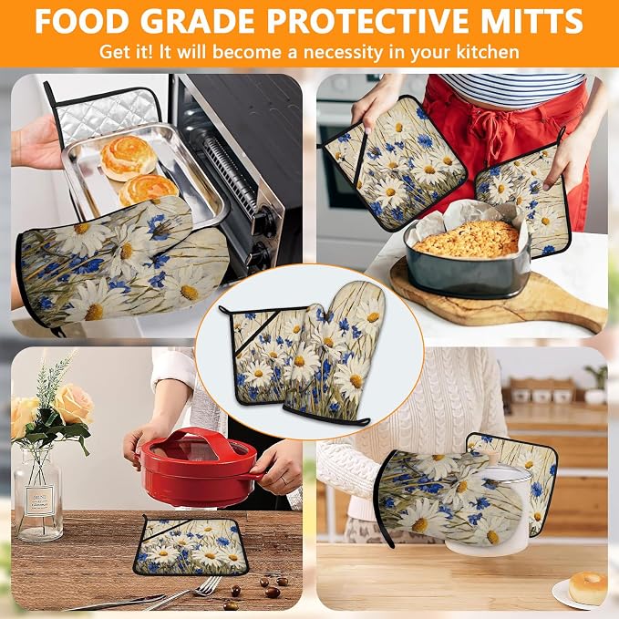 Daisy Flowers Oven Mitts and Pot Holders Sets 4Pcs, Extra Long Oven Gloves - Image 7