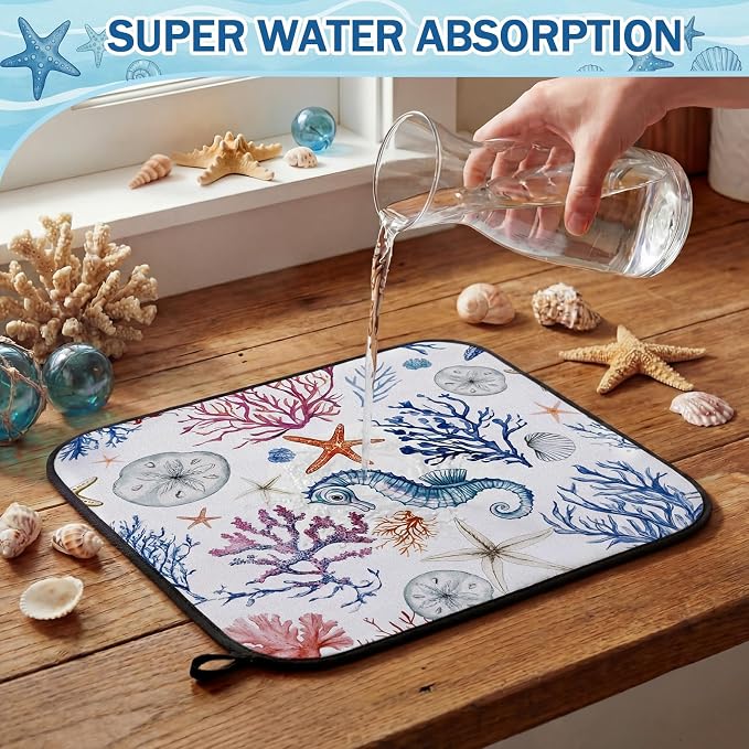 Breling Summer Dish Drying Mat Beach Kitchen Dry Mat 16 x 18 Inch Seahorse Blue - Image 5