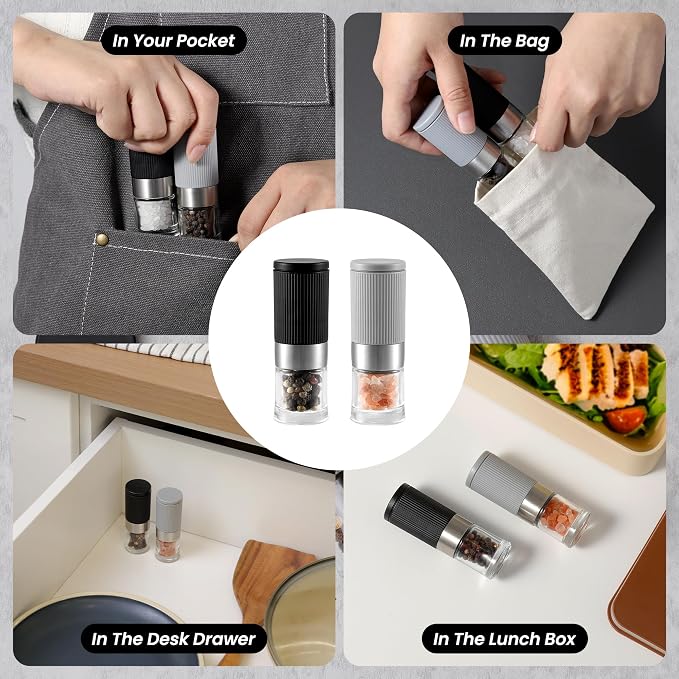 Mini Salt and Pepper Grinder Set, Small Tiny Adjustable Coarseness Ceramic Salt - Image 3