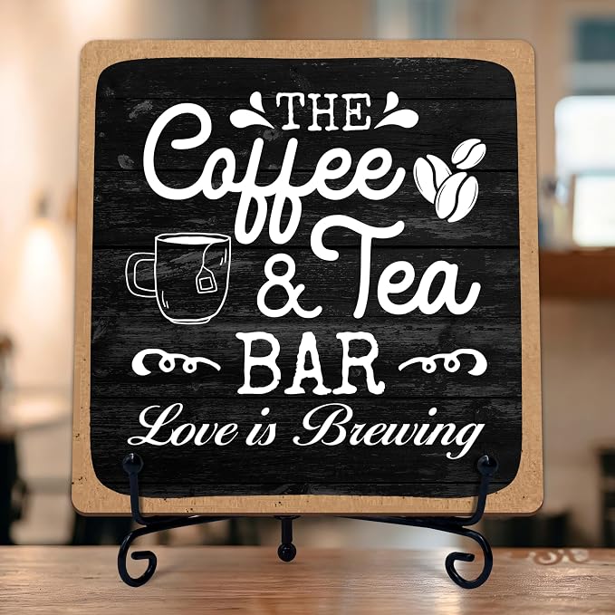 Coffee Bar Sign, Love is Brewing Farmhouse Tabletop Decor, Coffee and Tea Lover by TIRYWT