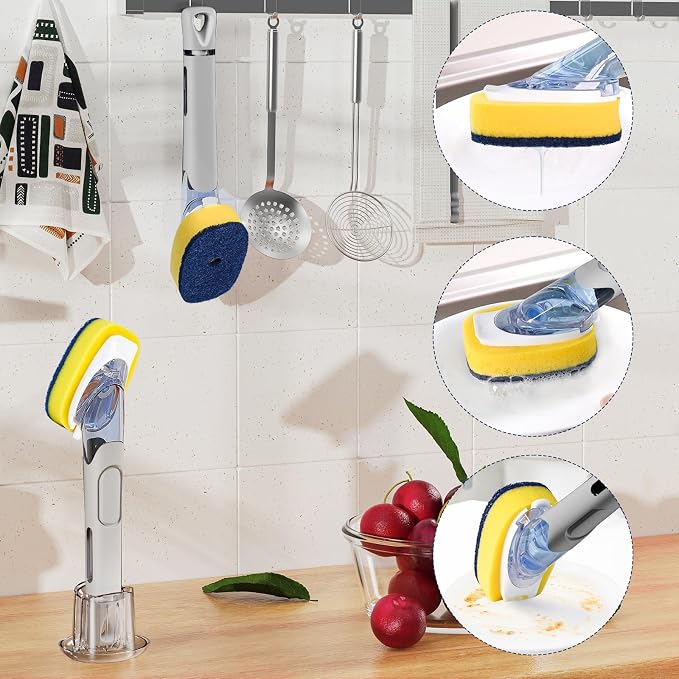 Dish Brush with Soap Dispenser Storage Set with 2 PCS Sponge Refills & Holder - Image 7