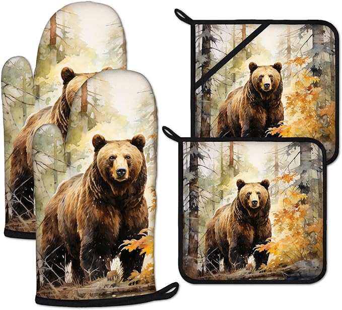 Watercolor Brown Bear Oven Mitts and Pot Holders Sets Heat Resistant 4Pcs by ANTJOO