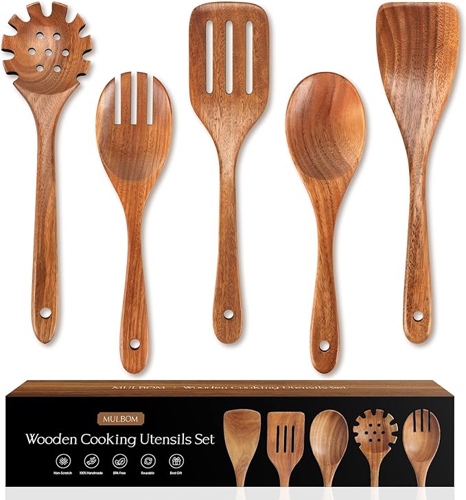 5 PCS Wooden Spoons for Cooking Natural Teak Kitchen Utensils Set Smooth by MULBOM