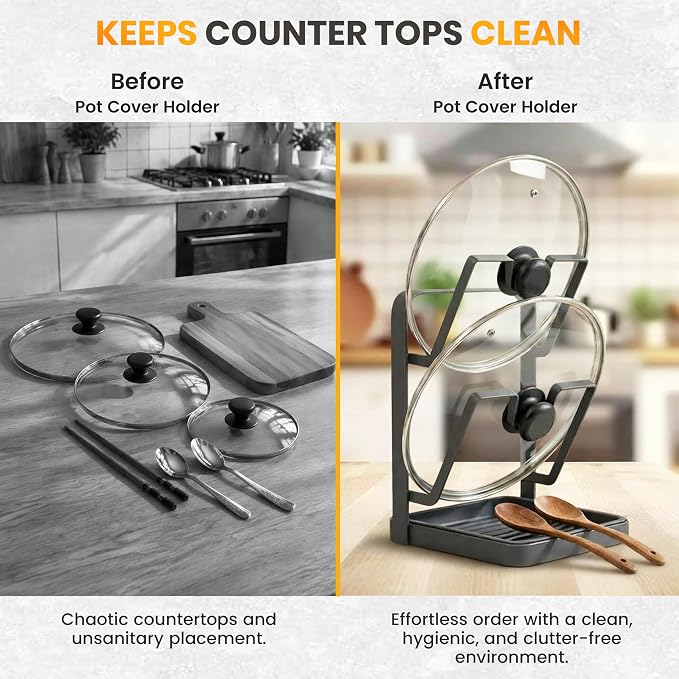 Pot Lid Holder with Removable Drip Tray, Kitchen Pot Lid Storage Rack - Image 3