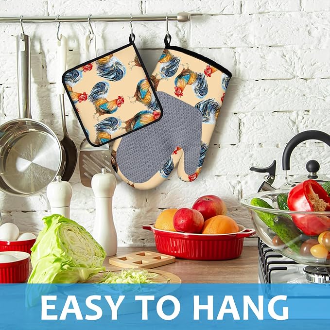 Watercolor Rooster Oven Mitts and Pot Holders Sets Heat Resistant 4Pcs - Image 4