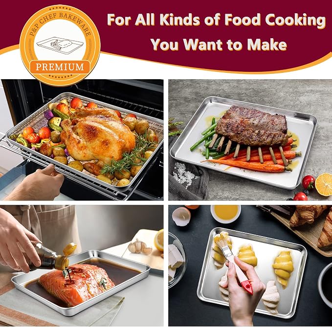 P&P CHEF 16 + 12.5 + 9 Inch Baking Sheet and Rack Set, Stainless Steel Cookie - Image 4