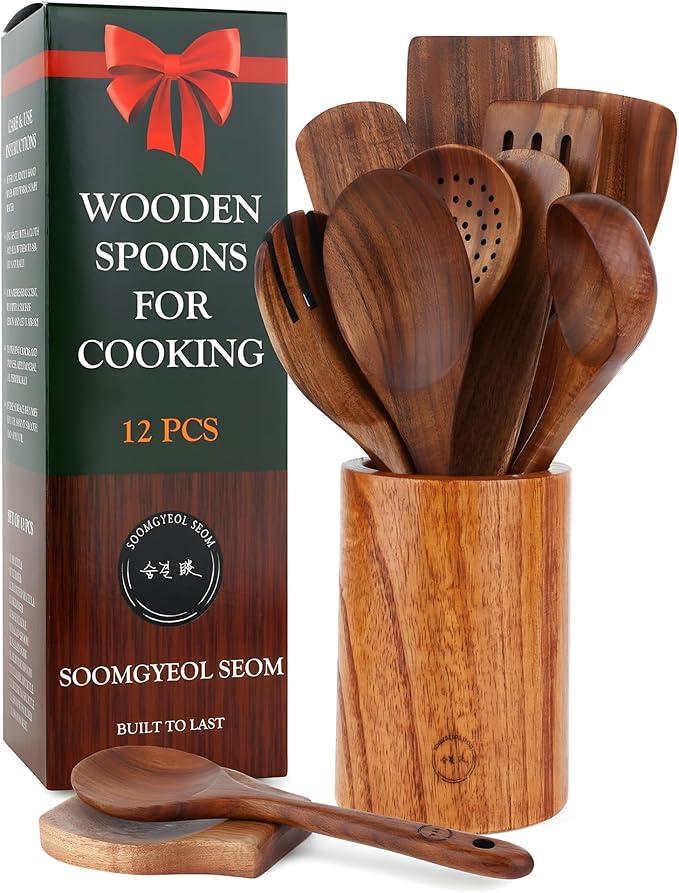 12-Piece Natural Teak Wood Utensil Set by SOOMGYEOLSEOM