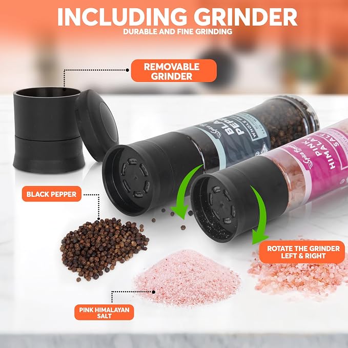 Spice Bounty Pink Himalayan Salt 12.9 oz and Whole Black Pepper 5.8 oz Grinder - Image 2